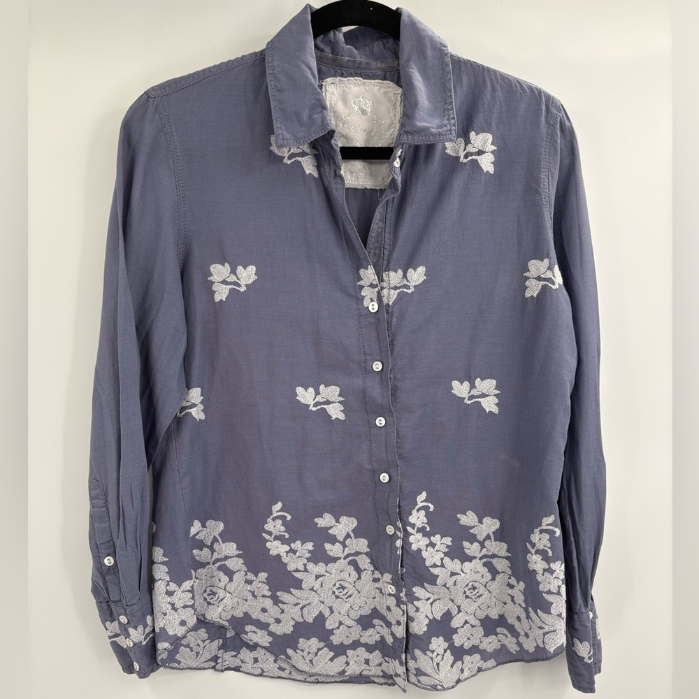 Cino boho Blouse Shirt Top Blue Embroidered Long Sleeve collar button up size xs